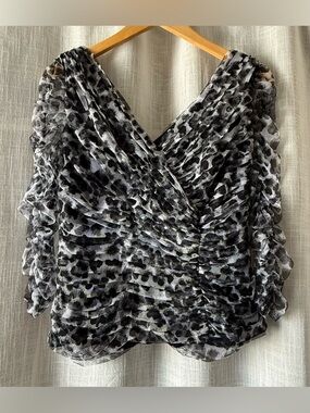 Tadashi Scoji - Ruched Leopard Print Blouse - Black & Gray - Large